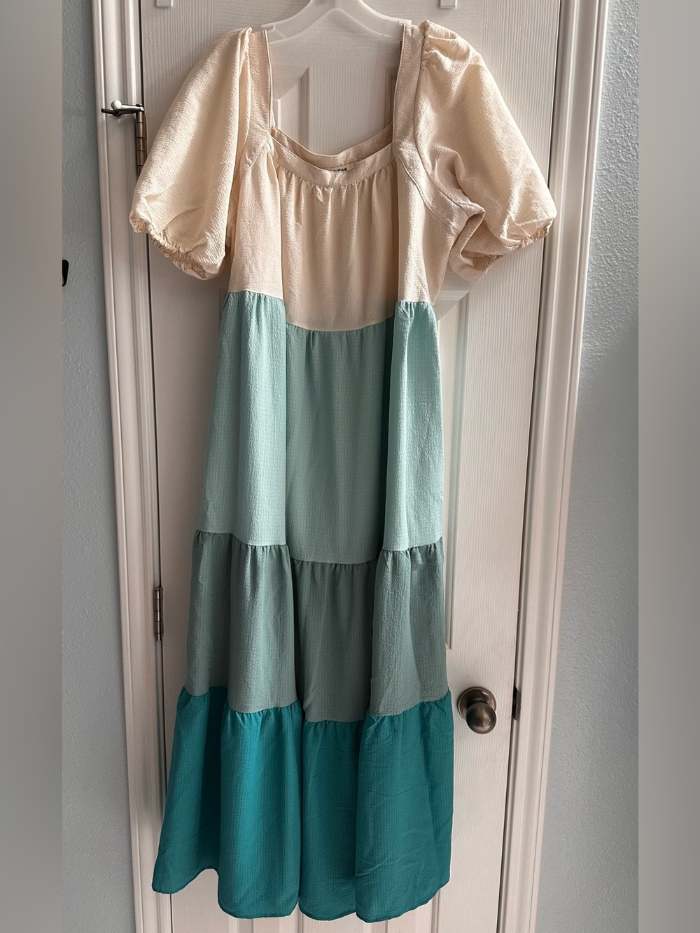 Umgee Teal Tiered Maxi Peasant Dress Puff Sleeves Large Summer Dress Casual